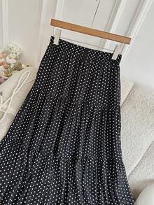 女士黑色底白色波点半身裙，全身印花休闲优雅半身裙，适合所有季节 - 黑與白 - 查看 2