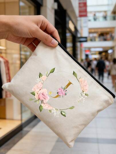 1pc Portable, Stylish, Capacity Makeup Bag,Personalized Flower Golden Letter Printed Canvas Toiletry Bag, Travel Makeup Storage Bag, Toiletry Bag Organizing Bag, Suitable For Toiletries, Cosmetics, Makeup Brushes, Accessories, Travel, Home Storage, Travel Essentials, Dormitory Supplies, Wedding Bride Gifts, Mother Gifts, Best Friend Gifts, Birthday Gifts, Souvenirs, Home Storage Essentials, Can Be Used In The Bathroom, Living Room Or Bedroom