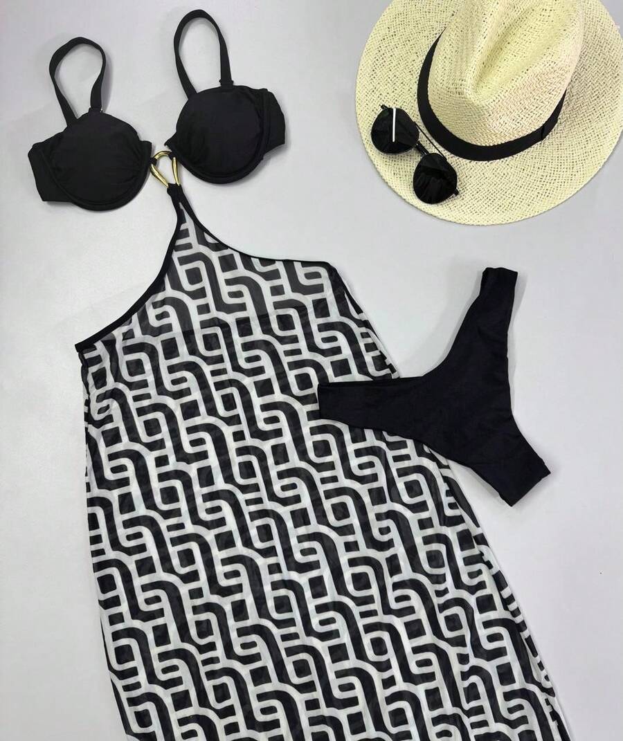 Women's 3-Piece Bikini Set With Long Tulle Beach Cover-Up | High-Cut Leg | Removable Padding - màu đen - Xem 1