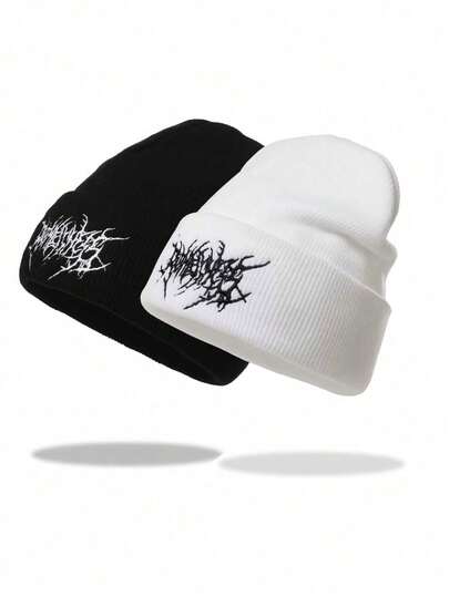 1pc Or 2pcs Gothic Style Men's Embroidered Scarf Knitted Beanie Hat, Fashionable Streetwear Ski Cap, Warm Versatile Winter Hat, Loose Fit