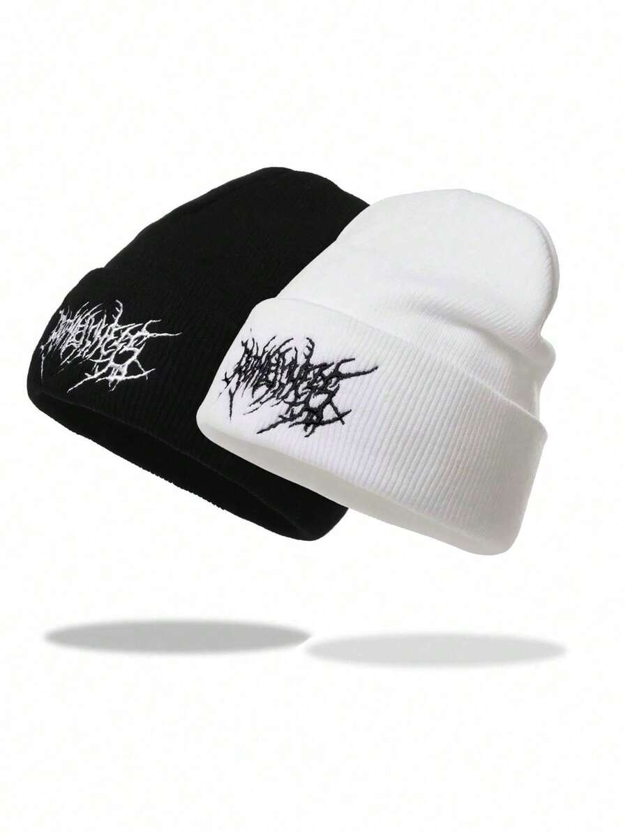 1pc Or 2pcs Gothic Style Men Embroidered Scarf Knitted Beanie, Fashion Street Ski Hat, Warm And Versatile Cold Weather Cap, Loose Fit. - Multicolor - View 1