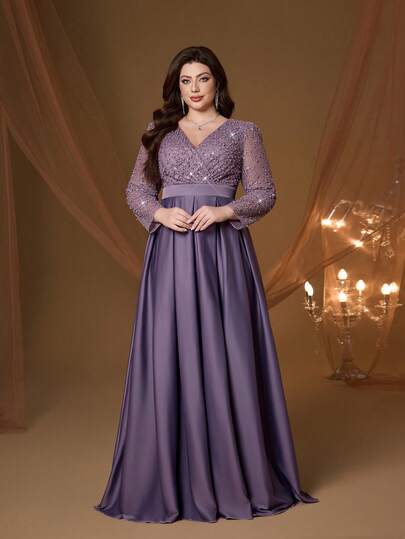 Mgiacy, Vestido largo morado con lentejuelas de manga larga y cuello en V con silueta evasé, elegante vestido de mujer para verano, boda, baile de graduación, fiesta, vacaciones y festivales de primavera, talla grande