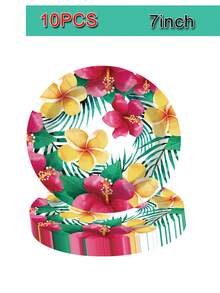 10pcs Tropical Hawaiian Party Supplies - Hawaiian Party Decorations, Palm Leaves, Hibiscus Flower Disposable Paper Plates And Napkins | Suitable For BBQ And Summer Parties, Christmas, Weddings, Beach, Graduation - Multicolor - View 6