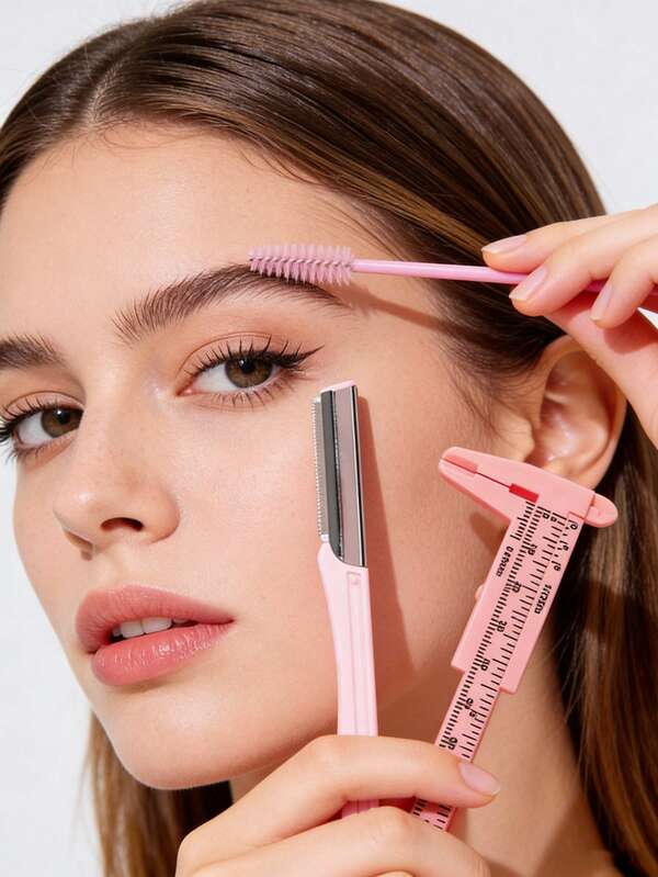 三合一修眉工具套装：眉刀+睫毛刷+身体测量卷尺 | 专为女性设计的精准修剪和塑形工具（便携实用） - 快速修眉造型的美容必备品！