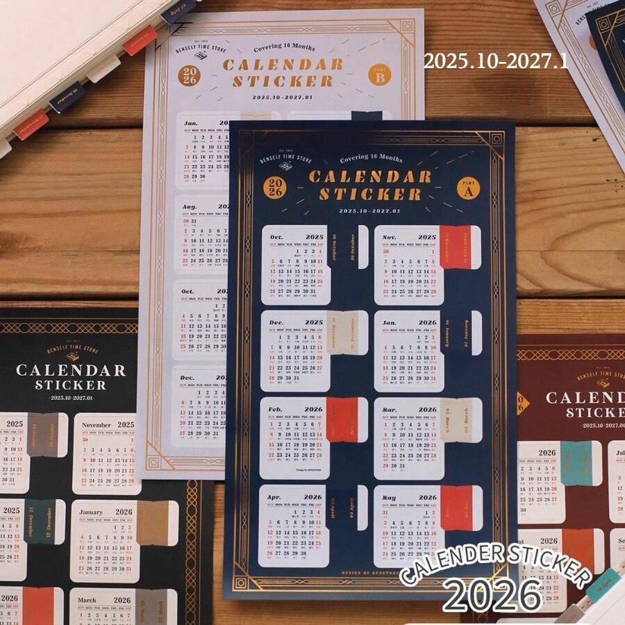 2 Sheets 2025.10-2027.1 Calendar Gold Foil Index Stickers, 16 Month, Waterproof, Self Stick, Bookmark, Planner Calendar Stickers For Scrapbooking - Calendar Stickers - View 1