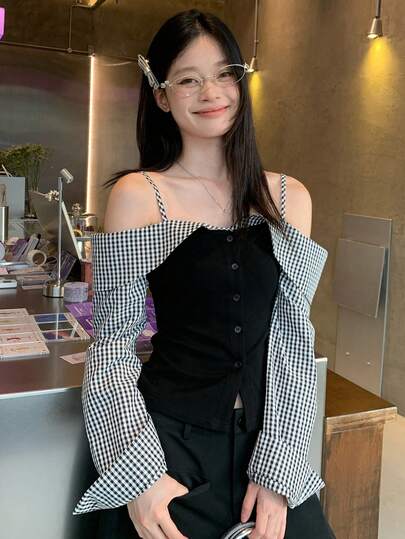 1pc Off-Shoulder Long Sleeve Plaid Patchwork Blouse, Fitted Design For Spring