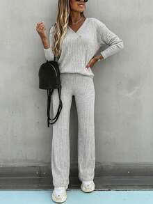 ChicMe 2pcs Women Cotton Ribbed V-Neck Long Sleeve Sweater + Elastic Waist Straight Pants, Daily Fashion Outfit - Light Grey - View 4