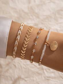 4pcs/Set Fashionable Bohemian Style Metal Chain Airplane Charm, Glass Beads, Seashell Pendant Handmade Rope Bracelet Set, Suitable As Beach Party Gift For Women - 21255-a-g - View 3