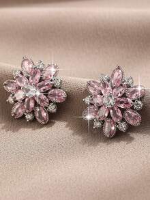 1 par de brincos de botão com formato de flor exquisito para meninas, zircônia cúbica rosa criativa, jóia de cobre para presente de aniversário de colega, adequado para adolescentes e festivais - flor - Visão 6