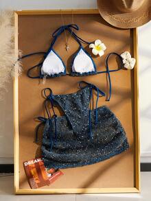 2026年情人节女士夏季沙滩比基尼套装，钩针编织露背比基尼，波西米亚风钩针编织度假裙，女士沙滩比基尼三件套，适合沙滩、休闲、度假和泳池派对 - 寶藍色 - 查看 4