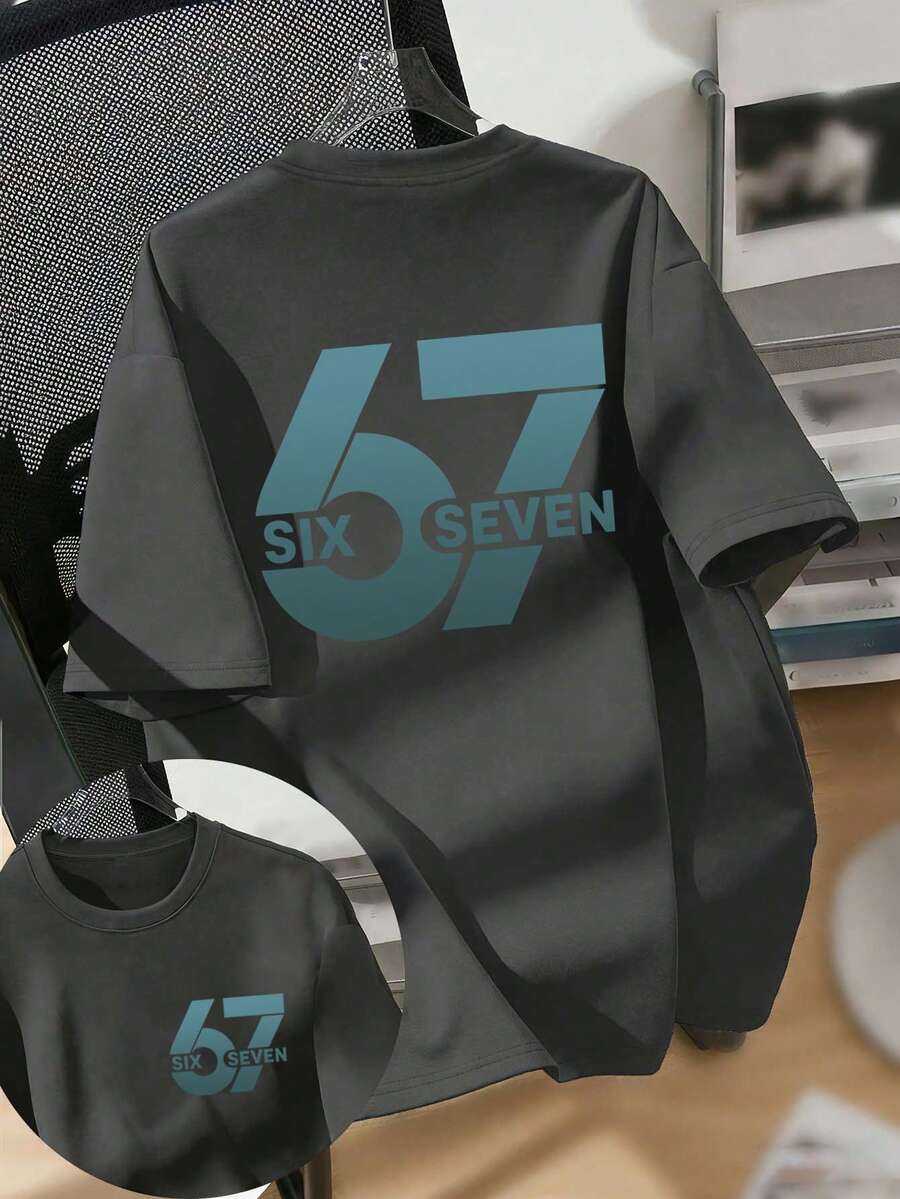 Tween Boy Popular "SIX SEVEN 6 7" Numeric & Letter Print T-Shirt, Suitable For Boys Street, Campus, Event, Daily Wear, Fashionable Summer Top - Dark Grey - View 1