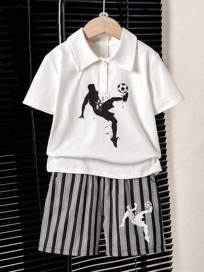 Young BoySports Casual White Soccer Player Print Polo Shirt + Striped Shorts Sports Suit, Young Boy Summer Daily Casual Outfit