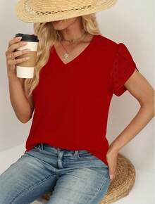 Womens Tops Dressy Casual Petal Sleeve Summer Spring Short Sleeve V Neck Shirts Work Business Vacation Clothes 2026 - Đỏ - Xem 3