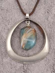 1pc Bohemian Alloy & Resin Pendant Necklace, Women's Brown Wax Rope Long Chain Fashion Pendant, Party Gift, Gift For Girlfriend Or Mother - Silver - View 1