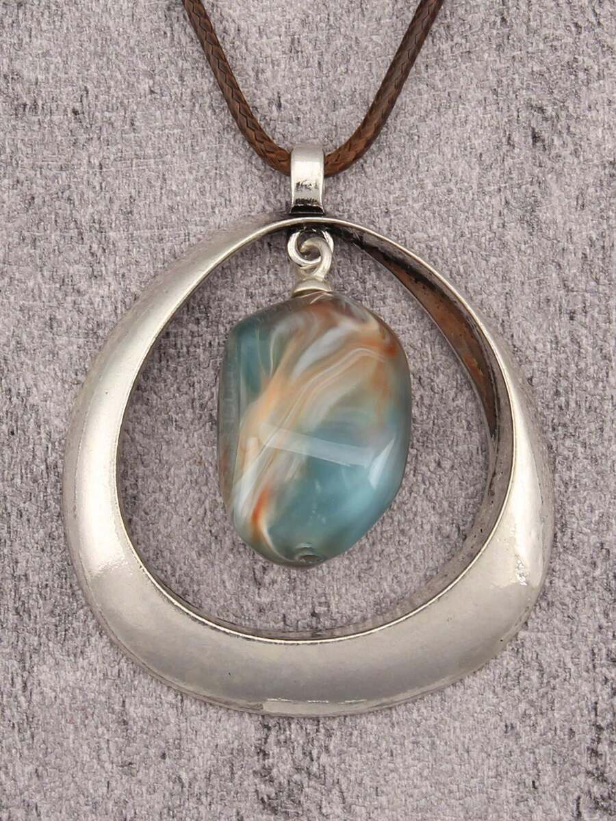 1pc Bohemian Alloy & Resin Pendant Necklace, Women's Brown Wax Rope Long Chain Fashion Pendant, Party Gift, Gift For Girlfriend Or Mother - Silver - View 1