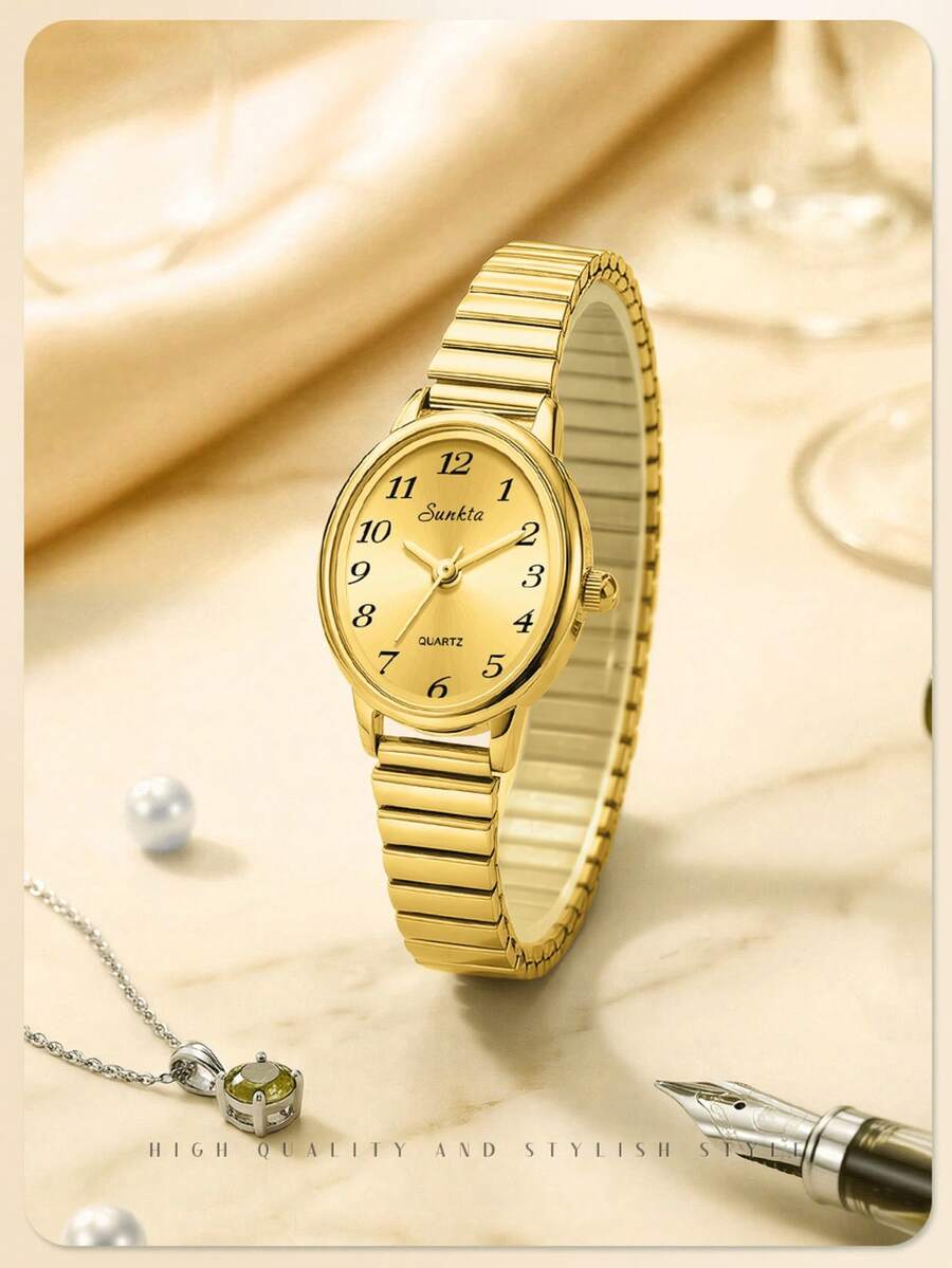 LIGE 时尚女士石英表，不锈钢表带，防水，适合日常佩戴，精致小巧的表盘，可调节表带 - 金色 - 查看 1