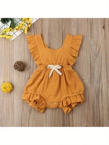 Conjunto de Ropa de Verano para Bebé Niña, Suéter de Manga Corta con Volantes, Estampado, Monos sin Mangas y Espalda Descubierta - Naranja - Ver 1