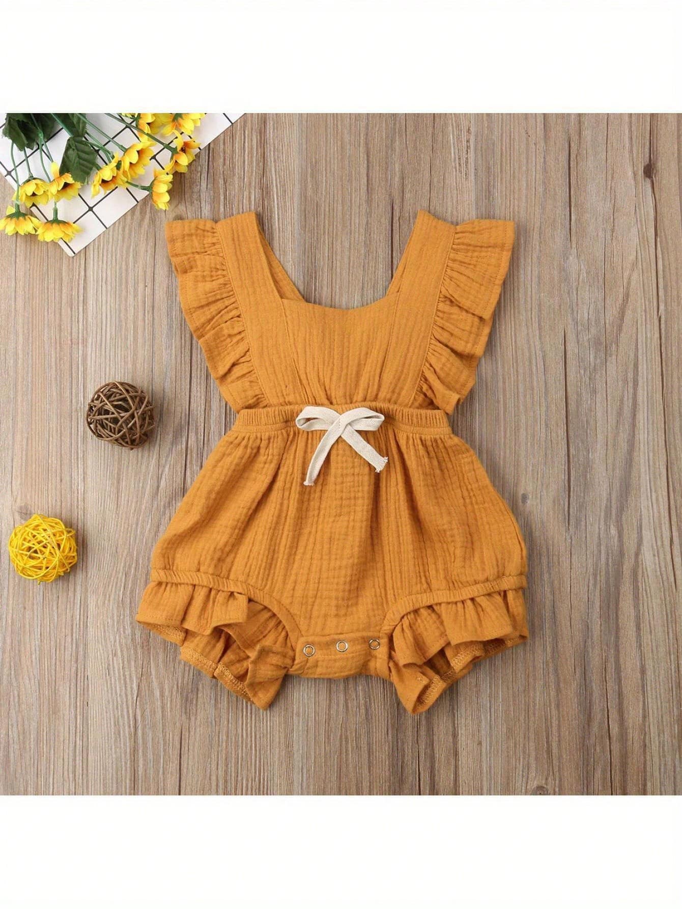 Conjunto de Ropa de Verano para Bebé Niña, Suéter de Manga Corta con Volantes, Estampado, Monos sin Mangas y Espalda Descubierta - Naranja - Ver 1