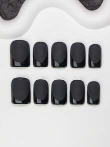 Bộ 10 móng giả vuông thủ công, phong cách Y2K cá tính, màu đen mờ với viền đen kiểu Pháp, phù hợp cho phụ nữ và bé gái, bao gồm dụng cụ, món quà tuyệt vời dành cho phái nữ. - Nhiều màu - Xem 2