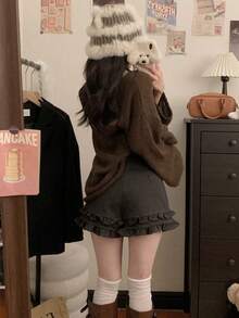 Quần short nữ mềm mại, thiết kế bèo nhún eo và có túi, kiểu dáng thường ngày, thoải mái, phong cách đường phố nhẹ nhàng, nữ tính * Quần ống rộng thoải mái cơ bản, thích hợp cho đi làm, mùa hè - Màu xám đen - Xem 4