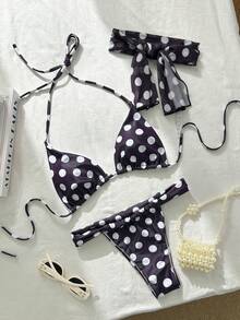 Bộ bikini hai mảnh chấm bi gợi cảm dành cho nữ, kiểu buộc dây phía sau, chất liệu voan mỏng, thích hợp cho kỳ nghỉ hè, đi biển. - màu nâu - Xem 3