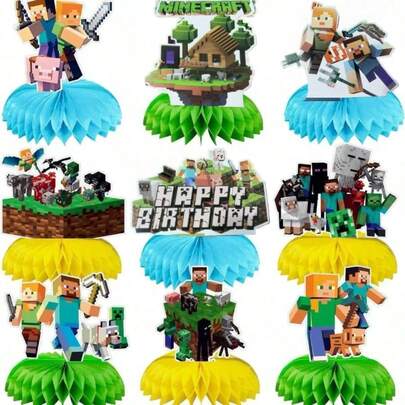  Conjunto de decoración para fiesta con temática de Minecraft - Banderas y decoraciones colgantes del mundo de píxeles, Steve, Alex, adecuado para fiestas de cumpleaños, Halloween, Navidad, decoración navideña del hogar, regalos de Navidad, adornos navideños