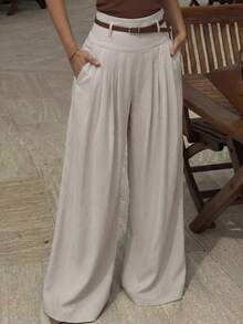 ANCHOSE Women's High Waist Pleated Wide Leg Casual Pants, Lightweight, Suitable For Vacation, Daily Wear, Commuting, Minimalist Style, Spring/Summer - American Apricot - View 1