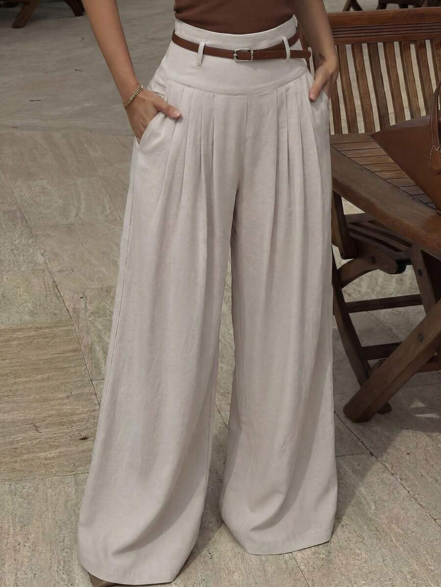 ANCHOSE Women's High Waist Pleated Wide Leg Casual Pants, Lightweight, Suitable For Vacation, Daily Wear, Commuting, Minimalist Style, Spring/Summer - American Apricot - View 1