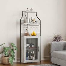 clóset de Esquina para licores con estantes Ajustables, clóset de Barra Industrial de 61 Pulgadas, no Empotrado con Puerta de Malla y Soporte de Vidrio para Cocina, Color café rústico - Gris - con luces - Ver 6