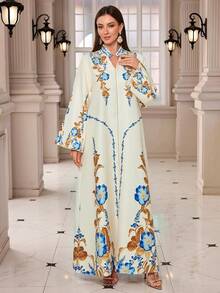 优雅穆斯林印花长裙，金色滚边，长袖立领长袍 - 米白色 - 查看 1