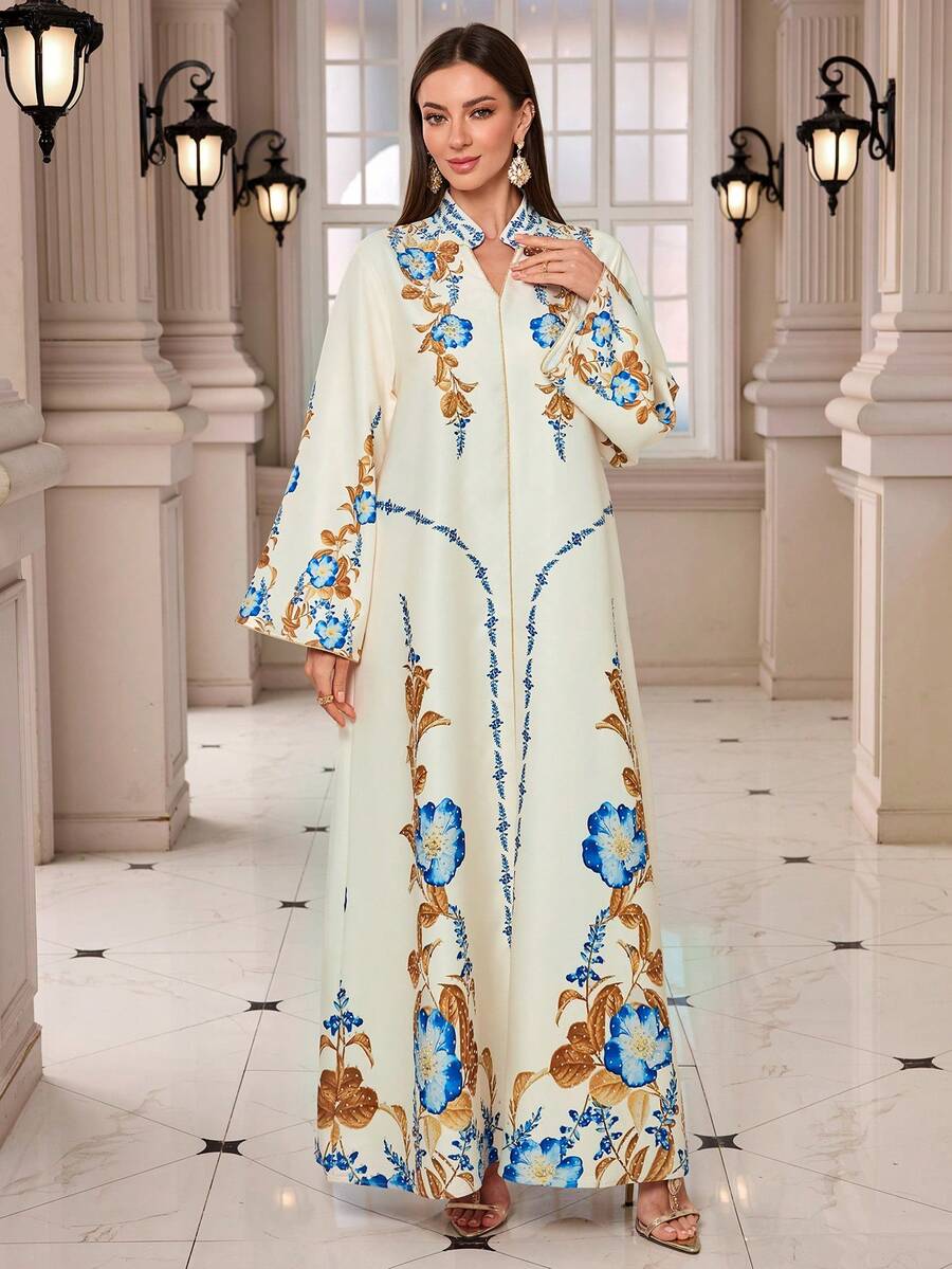 优雅穆斯林印花长裙，金色滚边，长袖立领长袍 - 米白色 - 查看 1