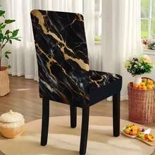 1/4/5/6/7/36pcs Minimalist Black & Gold Marble Pattern Chair Cover/Seat Cushion Set, Suitable For Indoor Home, Dining Room, Hotel, Ideal For Modern Daily Decor. Tablecloth Fits Square Dining Table, Elastic Chair Covers Are Washable. - Multicolor - View 5