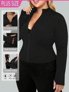 Plus Size Women's Solid Color Stand Collar Yoga Sports Jacket - Black - View 1