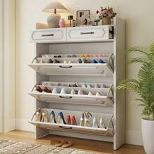 European Shoe Storage Cabinet With 3 Flip Drawers Slim Hidden Free Standing Organizer For Narrow Hallway - 白色 - 查看 8