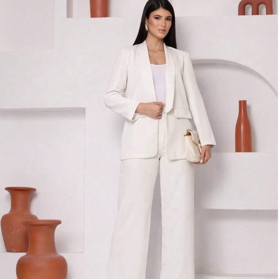 Women's Tailored Suit With Blazer And Elegant Dress Pants. Fabric With Pockets, Buttons At The Front, Zipper. Blazer And Wide-Leg Pants Set For Office, Travel, Tea Party, Spring/Autumn. - trắng - Xem 1