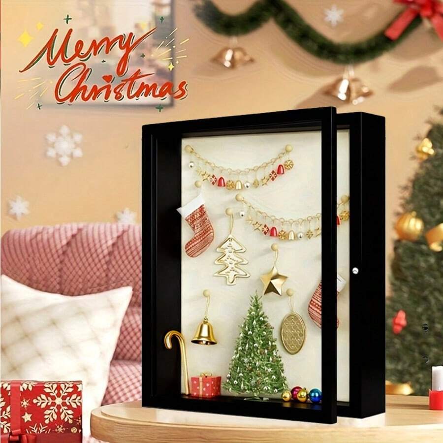 8x8 Inch Photo Frame Display Box: Ideal For Wedding Keepsakes, Collectibles And Art Exhibitions - Wooden Storage Box With Glass Cover - Black - View 1