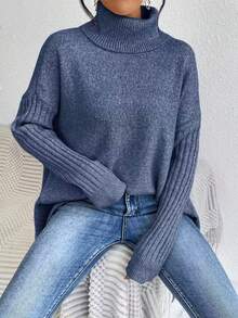 Women's New Arrivals For Early Spring 2026 Oversized Turtleneck Sweater Asymmetric Hem Turtleneck Top Relaxed-Fit Ribbed-Sleeve Turtleneck Casual Turtleneck Pullover With Dropped Shoulders Loose Turtleneck Sweater For Daily Wear  Sweaters For Women Long Sleeve Tops Women - Màu xanh lam - Xem 2