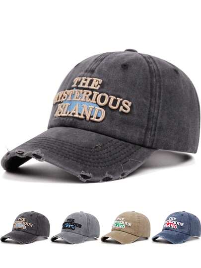 1pc The Mysterious Island 3D Embroidery Baseball Cap, Unisex Couple Style, Distressed Washed Soft Crown Curved Brim Hat