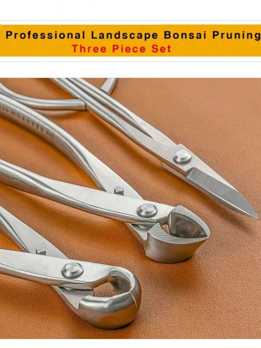 3pcs Stainless Steel Professional Gardening Pruning Shears Set, Suitable For Bonsai Trimming, Bud Trimming, Branch Shaping And Ball Trimming - 3-In-1 Multifunctional Tool Kit - A - View 1