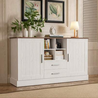 Sideboard 140 X 40 X 79.5 Cm, White And Brown Holzmaserung - 2 Türen, 2 Schubladen