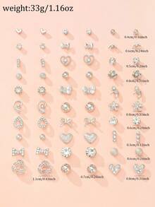 30 Pairs Assorted Shiny Earring Set, Includes Bow, Heart, Teardrop, Rhinestone Designs, Metal Earrings Combination, Suitable For Daily Wear, Dates, Outings, Holiday Gift For Women - Silver - View 5