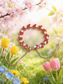 1pc Minimalist Double-Layer Electroplated Apple, Mushroom, Star, Moon, Cosmos, Dolphin, Ladybug, Flower, Duckling, Pentagram Beaded Bracelet, Unique Fashion Design, Versatile Accessory - Little Mushroom - View 2