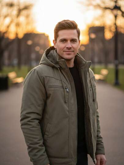 Jaqueta Masculina Sarja Casaco Elegante com Capuz e Bolsos