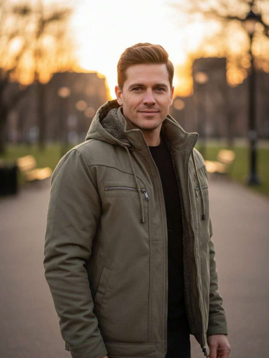 Men's Twill Jacket, Stylish Coat With Hood And Pockets - xanh quân đội - Xem 1