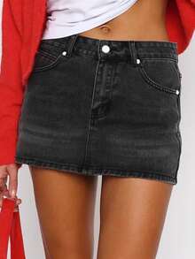 Women Denim Skort Skirt Stretchy Mid Waist Y2K Sexy Mini Skirts Dressy Casual Jean Skorts - 黑色 - 查看 1