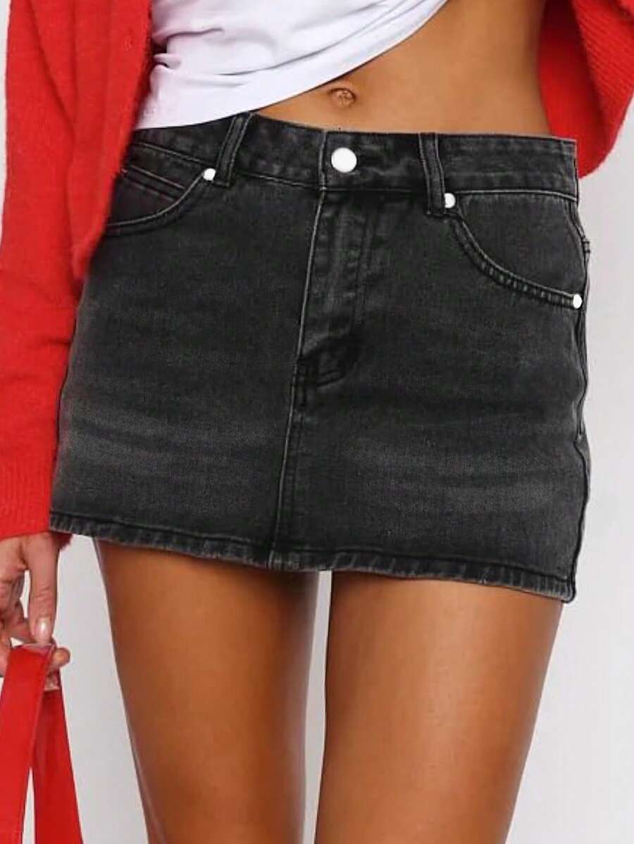 Women Denim Skort Skirt Stretchy Mid Waist Y2K Sexy Mini Skirts Dressy Casual Jean Skorts - 黑色 - 查看 1