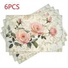 1/4/6pcs Elegant Pink Roses Shabby Chic Placemats - Vintage Floral Table Mats With Soft Pink Roses & Green Foliage On, Rectangular Linen Kitchen & Dining Table Decor For Holiday Parties, Everyday Use, Hand Wash Only, Durable & Easy-Care Elegant Table Se - 12x18inch - View 8