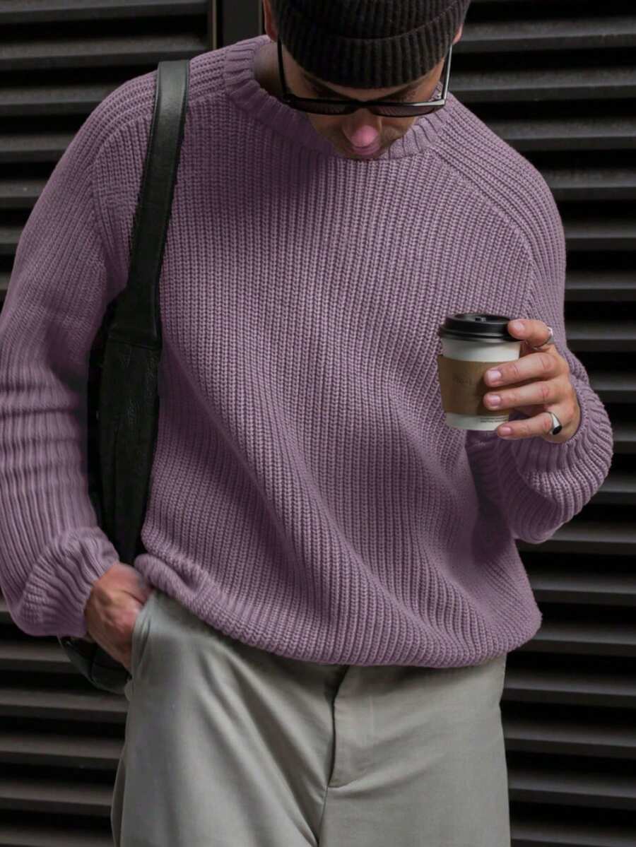 Solid Color Casual Loose Comfortable Unisex Round Neck Long Sleeve Knit Sweater, Suitable For Autumn And Winter - Mauve Purple - View 1