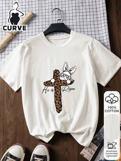 Easter Plus Size Women's Casual Fashion 100% Cotton Short-Sleeve Tee, Rabbit, Cross, And Letter Print, Valentine's Day, Anniversary, Romantic Gift, Gift For Her, Gift For Girlfriend