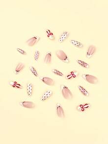 24pcs 3d Three-Dimensional Decoration Red Bowknot Decor Cherry Press On Nails Red Polka Dots False Nails French Yellow Fake Nails Medium Short Almond Shape Nails Manicure Set Includes 1sheet Adhesive Tabs & 1pc Mini File Perfect For Everyday Wvear Nail Supplies - Multicolor - View 3